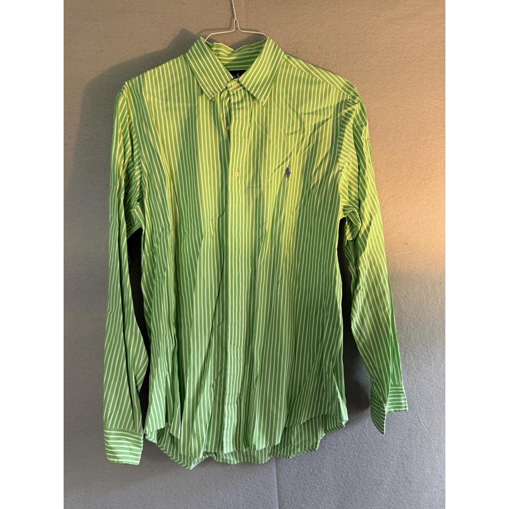Ralph Lauren Dress Shirt Mens 16 L Green Stripe Custom Fit Cotton Long Sleeve